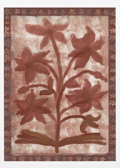 A vintage-style painting of a stylized, red-brown flowering plant with multiple blossoms on a textured beige background. The central image is surrounded by a dark brown border decorated with a repeating pattern of small flowers. The entire piece has a rustic, hand-painted aesthetic and is displayed in a thin black frame. Wall Art