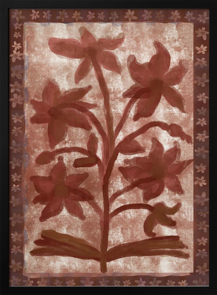 A vintage-style painting of a stylized, red-brown flowering plant with multiple blossoms on a textured beige background. The central image is surrounded by a dark brown border decorated with a repeating pattern of small flowers. The entire piece has a rustic, hand-painted aesthetic and is displayed in a thin black frame. Wall Art