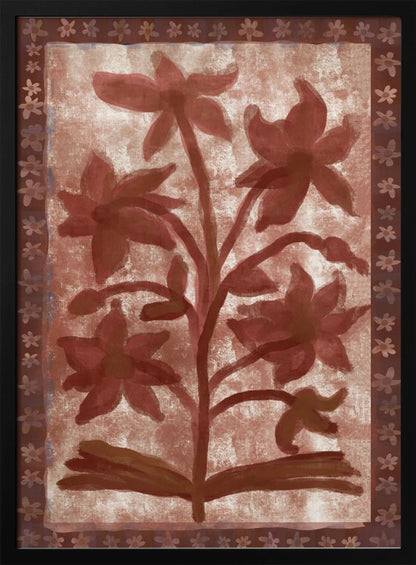A vintage-style painting of a stylized, red-brown flowering plant with multiple blossoms on a textured beige background. The central image is surrounded by a dark brown border decorated with a repeating pattern of small flowers. The entire piece has a rustic, hand-painted aesthetic and is displayed in a thin black frame. Wall Art