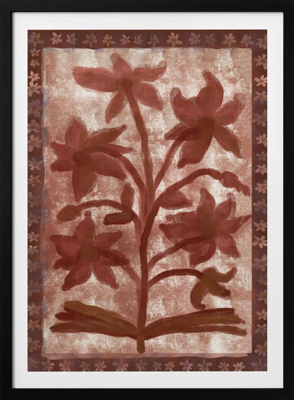 A vintage-style painting of a stylized, red-brown flowering plant with multiple blossoms on a textured beige background. The central image is surrounded by a dark brown border decorated with a repeating pattern of small flowers. The entire piece has a rustic, hand-painted aesthetic and is displayed in a thin black frame. Wall Art