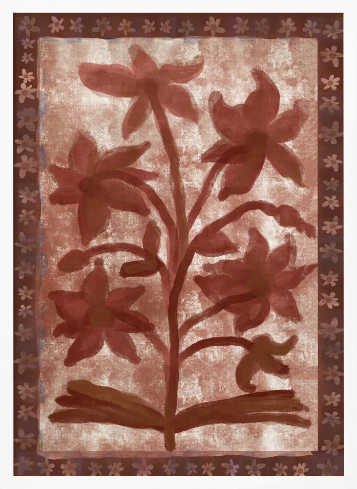 A vintage-style painting of a stylized, red-brown flowering plant with multiple blossoms on a textured beige background. The central image is surrounded by a dark brown border decorated with a repeating pattern of small flowers. The entire piece has a rustic, hand-painted aesthetic and is displayed in a thin black frame. Wall Art