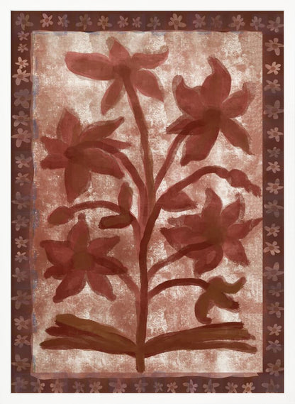 A vintage-style painting of a stylized, red-brown flowering plant with multiple blossoms on a textured beige background. The central image is surrounded by a dark brown border decorated with a repeating pattern of small flowers. The entire piece has a rustic, hand-painted aesthetic and is displayed in a thin black frame. Wall Art