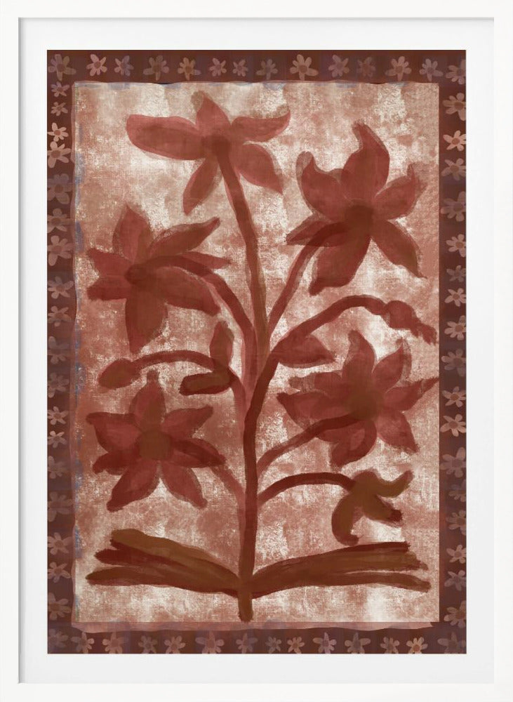 A vintage-style painting of a stylized, red-brown flowering plant with multiple blossoms on a textured beige background. The central image is surrounded by a dark brown border decorated with a repeating pattern of small flowers. The entire piece has a rustic, hand-painted aesthetic and is displayed in a thin black frame. Wall Art