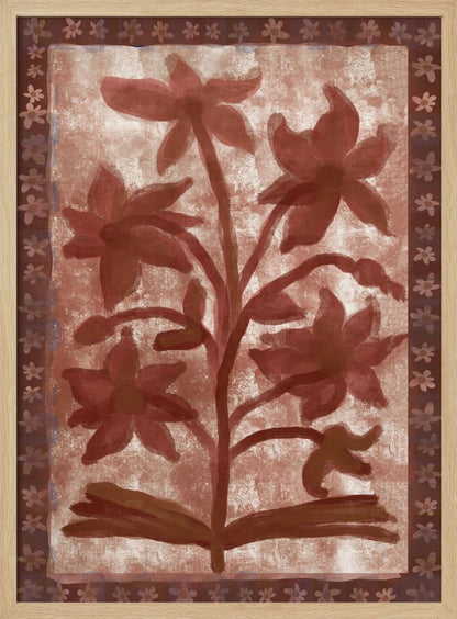 A vintage-style painting of a stylized, red-brown flowering plant with multiple blossoms on a textured beige background. The central image is surrounded by a dark brown border decorated with a repeating pattern of small flowers. The entire piece has a rustic, hand-painted aesthetic and is displayed in a thin black frame. Wall Art