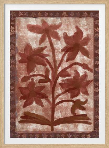 A vintage-style painting of a stylized, red-brown flowering plant with multiple blossoms on a textured beige background. The central image is surrounded by a dark brown border decorated with a repeating pattern of small flowers. The entire piece has a rustic, hand-painted aesthetic and is displayed in a thin black frame. Wall Art