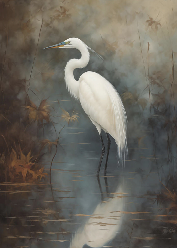 A realistic painting of a majestic white egret standing elegantly in still, dark water. Its reflection is cast below it, and the background is a moody, atmospheric marsh with muted brown and grey tones. The artwork is presented in a simple black frame. Decor