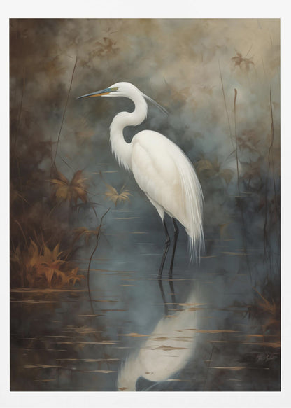 A realistic painting of a majestic white egret standing elegantly in still, dark water. Its reflection is cast below it, and the background is a moody, atmospheric marsh with muted brown and grey tones. The artwork is presented in a simple black frame. Decor