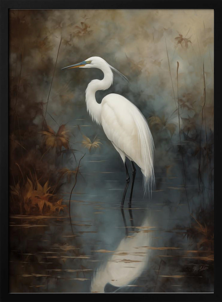 A realistic painting of a majestic white egret standing elegantly in still, dark water. Its reflection is cast below it, and the background is a moody, atmospheric marsh with muted brown and grey tones. The artwork is presented in a simple black frame. Decor