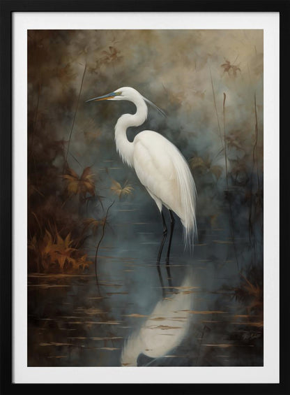 A realistic painting of a majestic white egret standing elegantly in still, dark water. Its reflection is cast below it, and the background is a moody, atmospheric marsh with muted brown and grey tones. The artwork is presented in a simple black frame. Decor