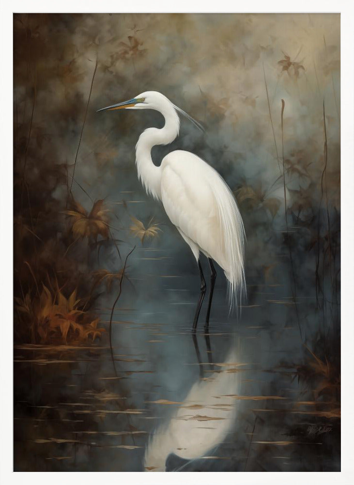 A realistic painting of a majestic white egret standing elegantly in still, dark water. Its reflection is cast below it, and the background is a moody, atmospheric marsh with muted brown and grey tones. The artwork is presented in a simple black frame. Decor