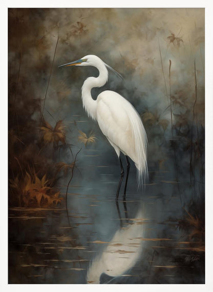 A realistic painting of a majestic white egret standing elegantly in still, dark water. Its reflection is cast below it, and the background is a moody, atmospheric marsh with muted brown and grey tones. The artwork is presented in a simple black frame. Decor