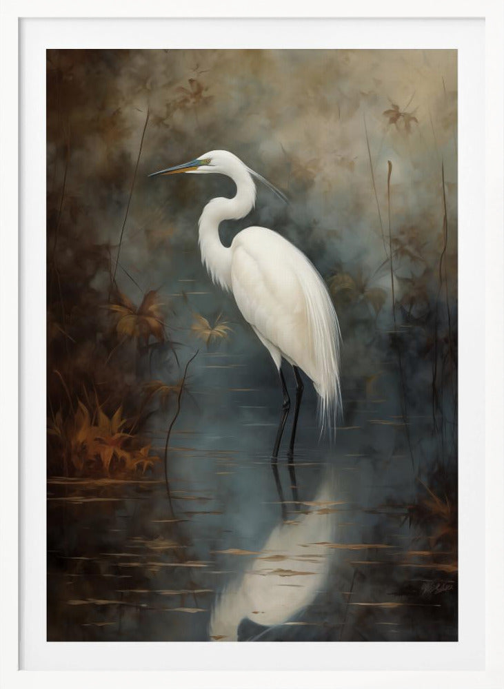 A realistic painting of a majestic white egret standing elegantly in still, dark water. Its reflection is cast below it, and the background is a moody, atmospheric marsh with muted brown and grey tones. The artwork is presented in a simple black frame. Decor