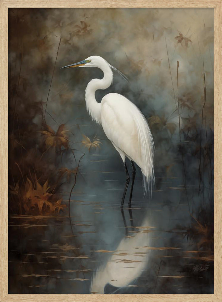 A realistic painting of a majestic white egret standing elegantly in still, dark water. Its reflection is cast below it, and the background is a moody, atmospheric marsh with muted brown and grey tones. The artwork is presented in a simple black frame. Decor