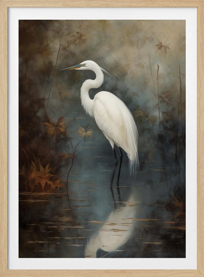 A realistic painting of a majestic white egret standing elegantly in still, dark water. Its reflection is cast below it, and the background is a moody, atmospheric marsh with muted brown and grey tones. The artwork is presented in a simple black frame. Decor