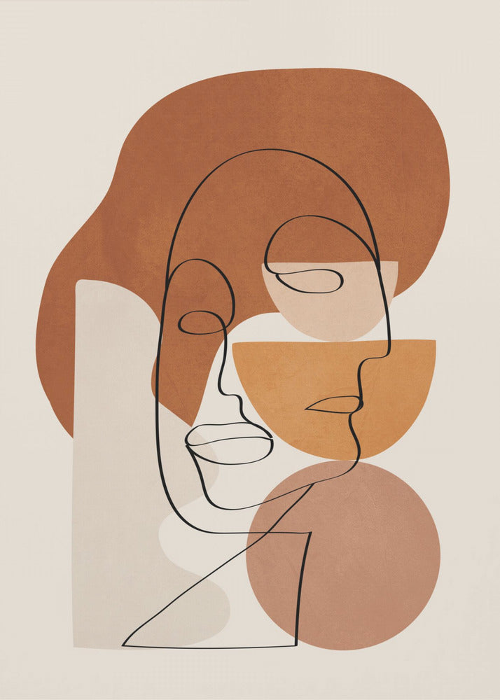 Abstract art print depicting stylized faces with a textured clay-like appearance, in warm earthy tones. Artwork