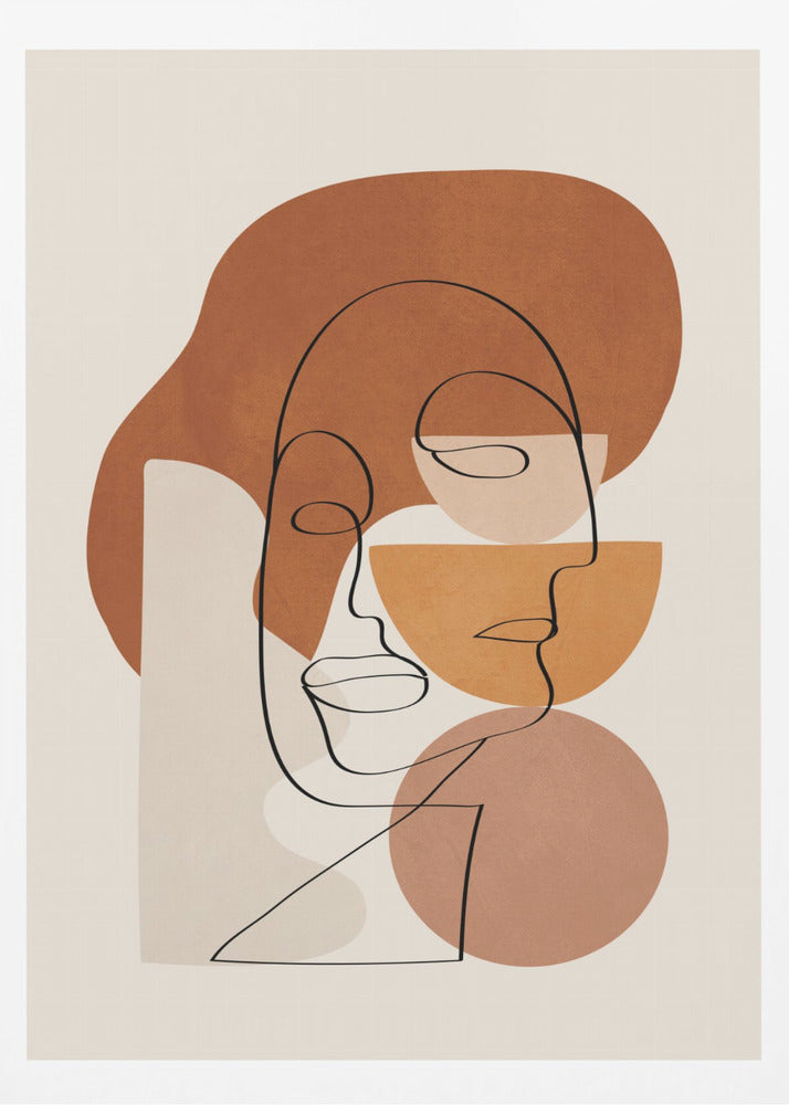 Abstract art print depicting stylized faces with a textured clay-like appearance, in warm earthy tones. Artwork