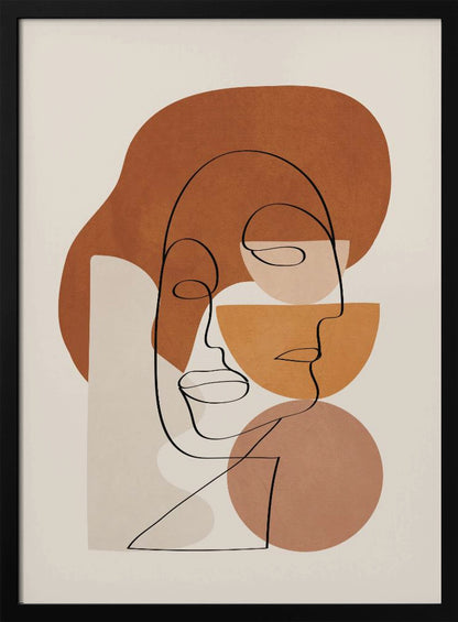 Abstract art print depicting stylized faces with a textured clay-like appearance, in warm earthy tones. Artwork