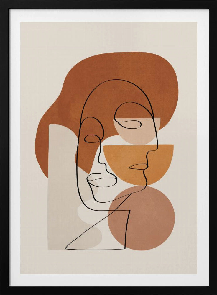 Abstract art print depicting stylized faces with a textured clay-like appearance, in warm earthy tones. Artwork