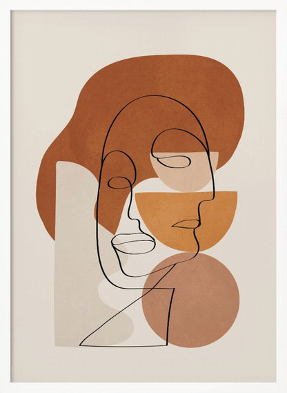 Abstract art print depicting stylized faces with a textured clay-like appearance, in warm earthy tones. Artwork