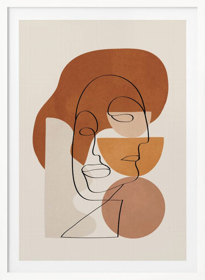 Abstract art print depicting stylized faces with a textured clay-like appearance, in warm earthy tones. Artwork