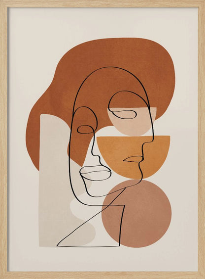 Abstract art print depicting stylized faces with a textured clay-like appearance, in warm earthy tones. Artwork