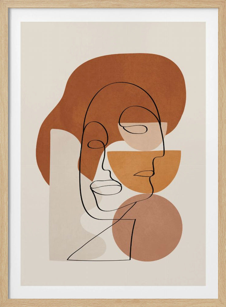 Abstract art print depicting stylized faces with a textured clay-like appearance, in warm earthy tones. Artwork