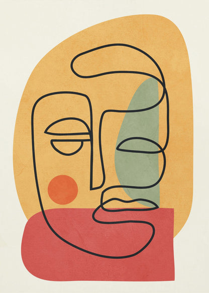 A modern abstract art print featuring a continuous black line drawing of a face. The face is drawn over layered, textured shapes in muted orange, red, and sage green on an off-white background, all enclosed in a thin black frame. Poster