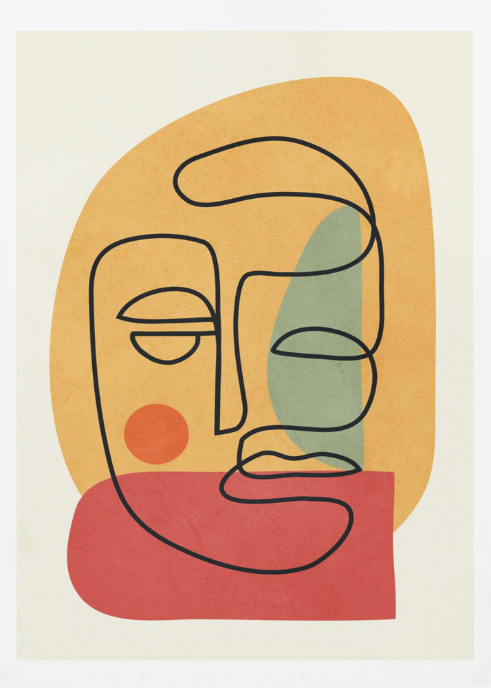A modern abstract art print featuring a continuous black line drawing of a face. The face is drawn over layered, textured shapes in muted orange, red, and sage green on an off-white background, all enclosed in a thin black frame. Poster