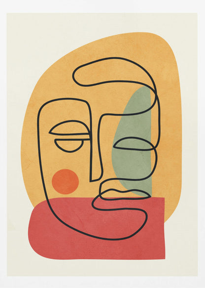 A modern abstract art print featuring a continuous black line drawing of a face. The face is drawn over layered, textured shapes in muted orange, red, and sage green on an off-white background, all enclosed in a thin black frame. Poster