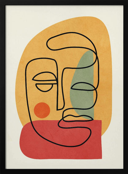 A modern abstract art print featuring a continuous black line drawing of a face. The face is drawn over layered, textured shapes in muted orange, red, and sage green on an off-white background, all enclosed in a thin black frame. Poster
