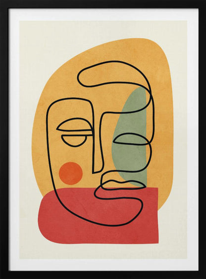 A modern abstract art print featuring a continuous black line drawing of a face. The face is drawn over layered, textured shapes in muted orange, red, and sage green on an off-white background, all enclosed in a thin black frame. Poster