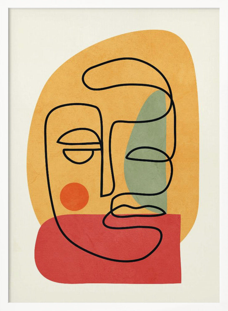 A modern abstract art print featuring a continuous black line drawing of a face. The face is drawn over layered, textured shapes in muted orange, red, and sage green on an off-white background, all enclosed in a thin black frame. Poster