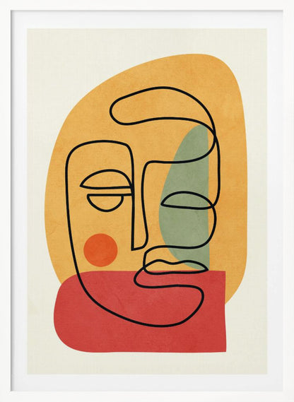 A modern abstract art print featuring a continuous black line drawing of a face. The face is drawn over layered, textured shapes in muted orange, red, and sage green on an off-white background, all enclosed in a thin black frame. Poster