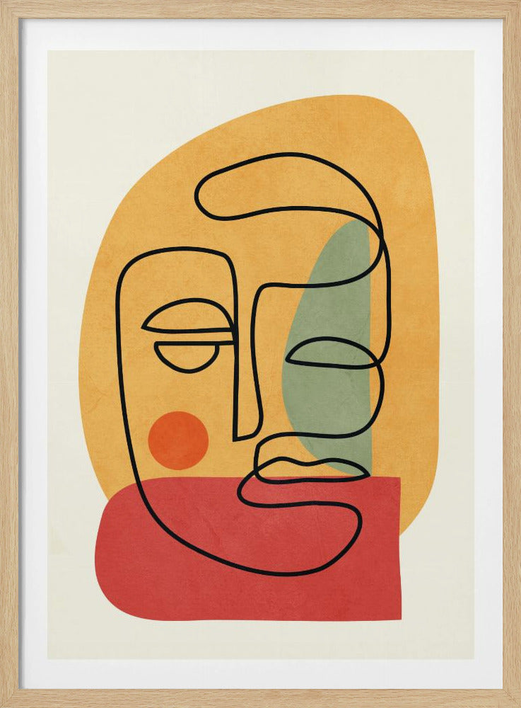 A modern abstract art print featuring a continuous black line drawing of a face. The face is drawn over layered, textured shapes in muted orange, red, and sage green on an off-white background, all enclosed in a thin black frame. Poster
