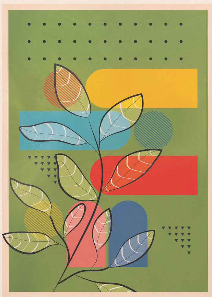 A modern abstract botanical print featuring a stylized plant with black stems and multi-colored, patterned leaves. The background is olive green and layered with bold geometric shapes in yellow, blue, and red, along with decorative patterns of black dots and triangles. The piece is shown within a black frame. Decor