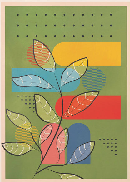 A modern abstract botanical print featuring a stylized plant with black stems and multi-colored, patterned leaves. The background is olive green and layered with bold geometric shapes in yellow, blue, and red, along with decorative patterns of black dots and triangles. The piece is shown within a black frame. Decor