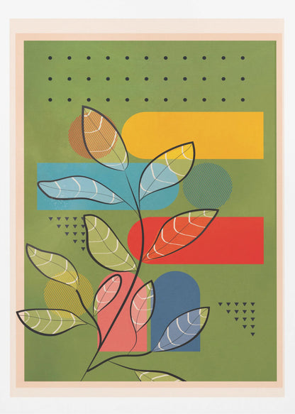 A modern abstract botanical print featuring a stylized plant with black stems and multi-colored, patterned leaves. The background is olive green and layered with bold geometric shapes in yellow, blue, and red, along with decorative patterns of black dots and triangles. The piece is shown within a black frame. Decor
