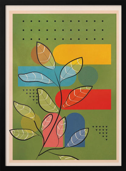 A modern abstract botanical print featuring a stylized plant with black stems and multi-colored, patterned leaves. The background is olive green and layered with bold geometric shapes in yellow, blue, and red, along with decorative patterns of black dots and triangles. The piece is shown within a black frame. Decor