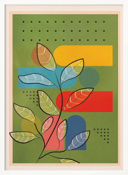 A modern abstract botanical print featuring a stylized plant with black stems and multi-colored, patterned leaves. The background is olive green and layered with bold geometric shapes in yellow, blue, and red, along with decorative patterns of black dots and triangles. The piece is shown within a black frame. Decor