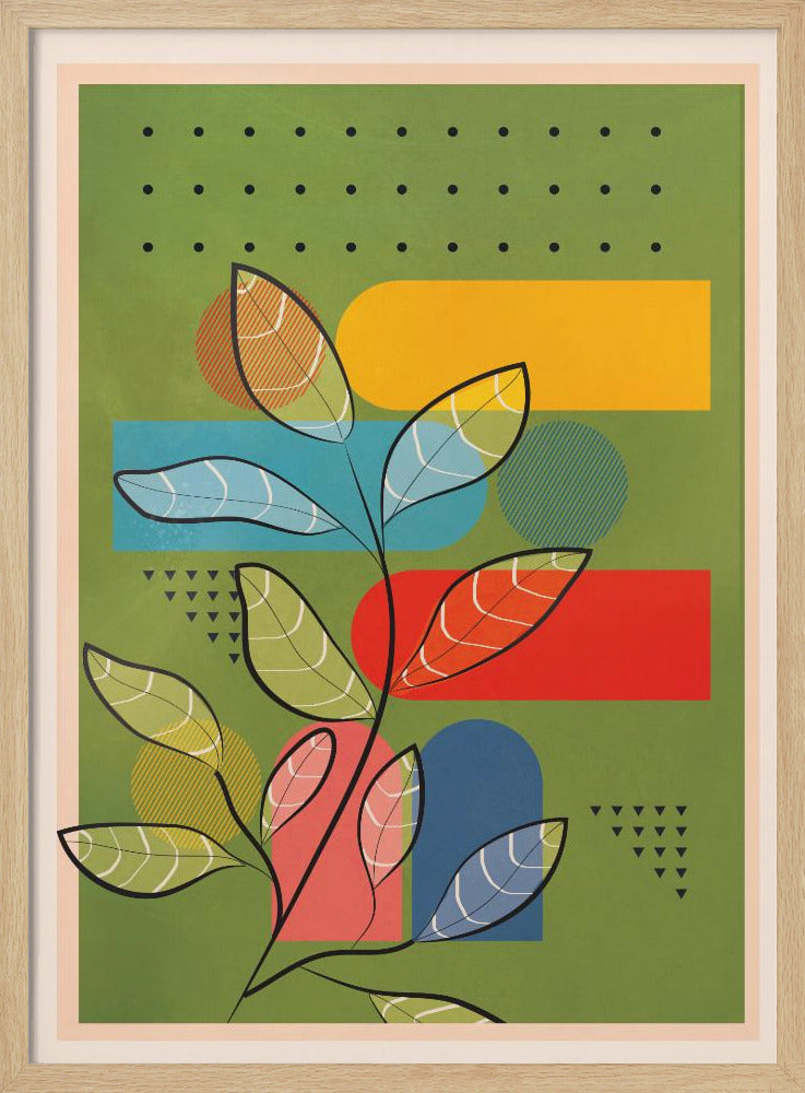 A modern abstract botanical print featuring a stylized plant with black stems and multi-colored, patterned leaves. The background is olive green and layered with bold geometric shapes in yellow, blue, and red, along with decorative patterns of black dots and triangles. The piece is shown within a black frame. Decor