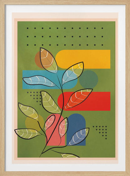 A modern abstract botanical print featuring a stylized plant with black stems and multi-colored, patterned leaves. The background is olive green and layered with bold geometric shapes in yellow, blue, and red, along with decorative patterns of black dots and triangles. The piece is shown within a black frame. Decor
