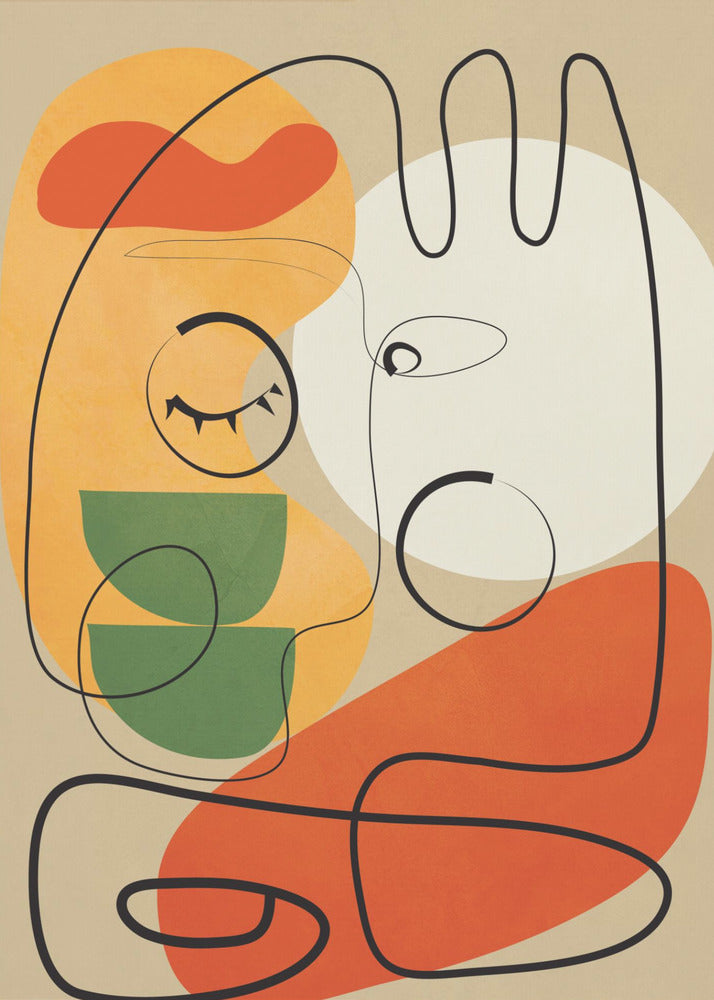 A modern abstract artwork featuring a single continuous black line that forms two stylized faces against a beige background. The composition includes colorful organic shapes in orange, yellow, green, and a large white circle, creating a minimalist and surreal feel. Wall Art