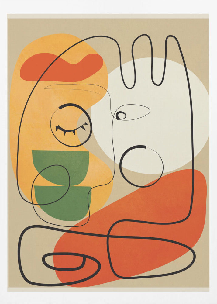 A modern abstract artwork featuring a single continuous black line that forms two stylized faces against a beige background. The composition includes colorful organic shapes in orange, yellow, green, and a large white circle, creating a minimalist and surreal feel. Wall Art