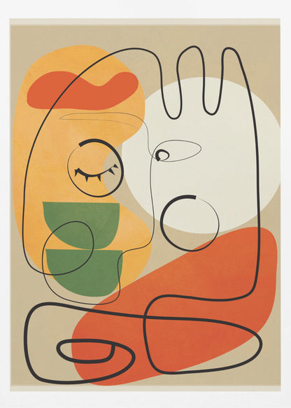 A modern abstract artwork featuring a single continuous black line that forms two stylized faces against a beige background. The composition includes colorful organic shapes in orange, yellow, green, and a large white circle, creating a minimalist and surreal feel. Wall Art