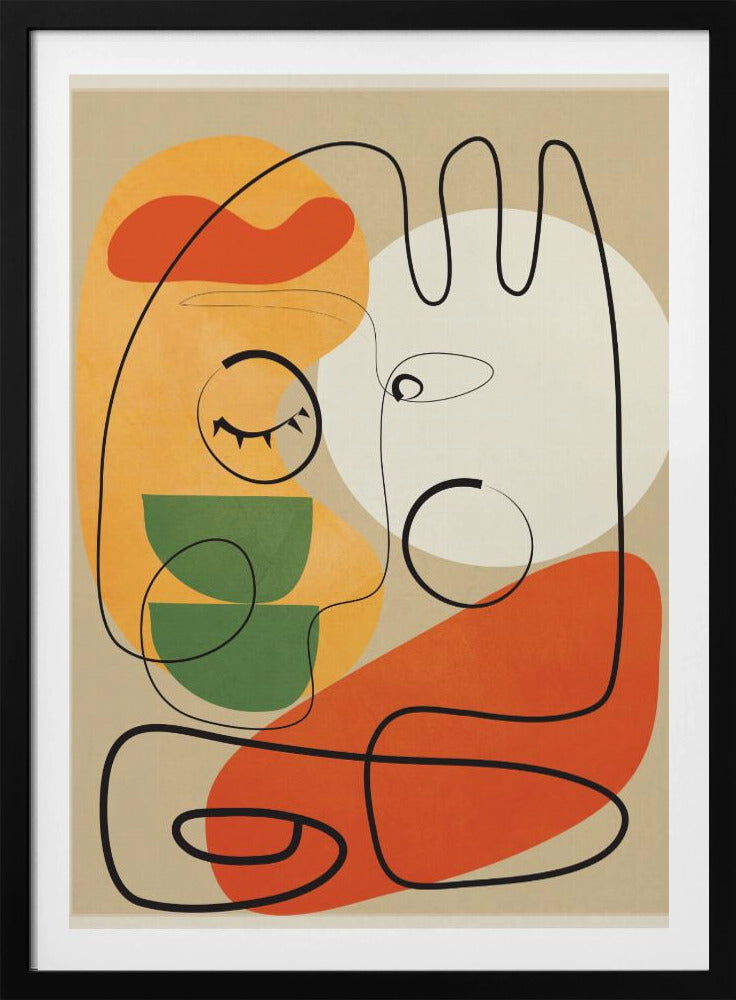 A modern abstract artwork featuring a single continuous black line that forms two stylized faces against a beige background. The composition includes colorful organic shapes in orange, yellow, green, and a large white circle, creating a minimalist and surreal feel. Wall Art