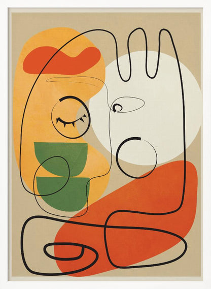 A modern abstract artwork featuring a single continuous black line that forms two stylized faces against a beige background. The composition includes colorful organic shapes in orange, yellow, green, and a large white circle, creating a minimalist and surreal feel. Wall Art