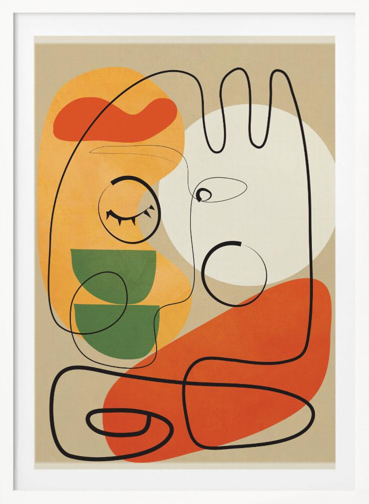 A modern abstract artwork featuring a single continuous black line that forms two stylized faces against a beige background. The composition includes colorful organic shapes in orange, yellow, green, and a large white circle, creating a minimalist and surreal feel. Wall Art
