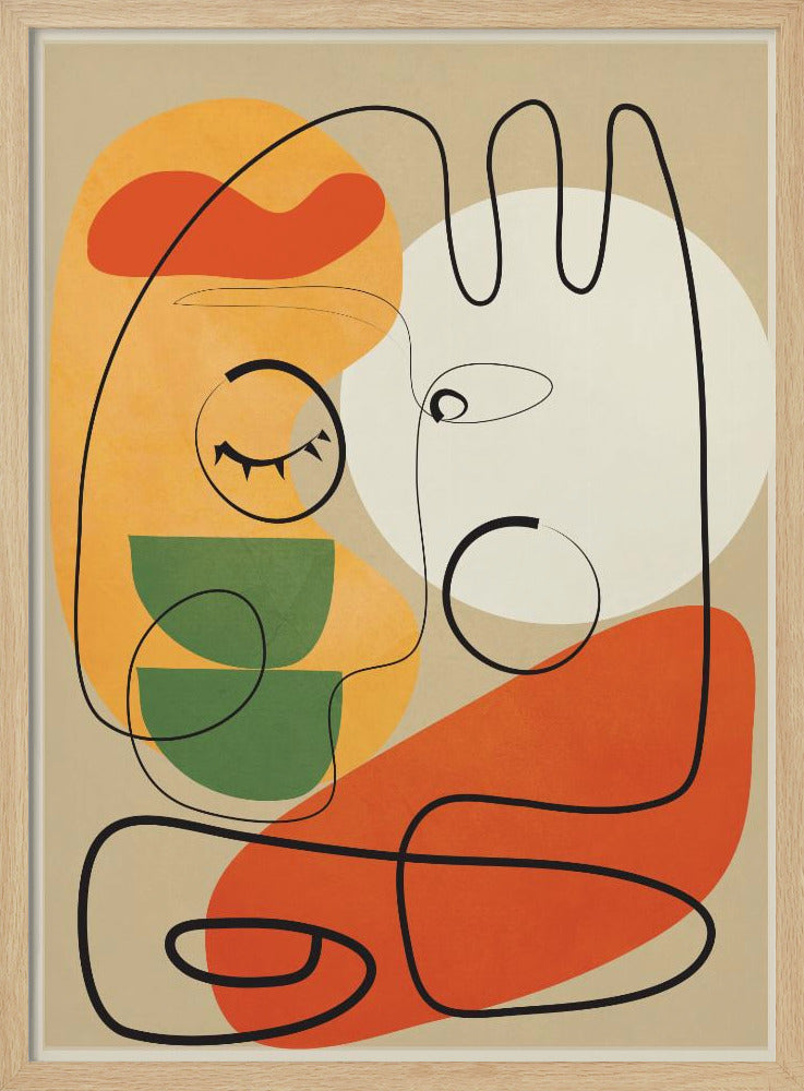 A modern abstract artwork featuring a single continuous black line that forms two stylized faces against a beige background. The composition includes colorful organic shapes in orange, yellow, green, and a large white circle, creating a minimalist and surreal feel. Wall Art