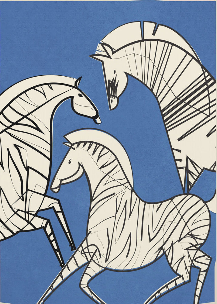 A modern, graphic illustration of three stylized zebras against a bold blue background. The zebras are off-white with thick black outlines and stripes, creating a dynamic and abstract composition. The artwork is presented within a simple black frame. Decor