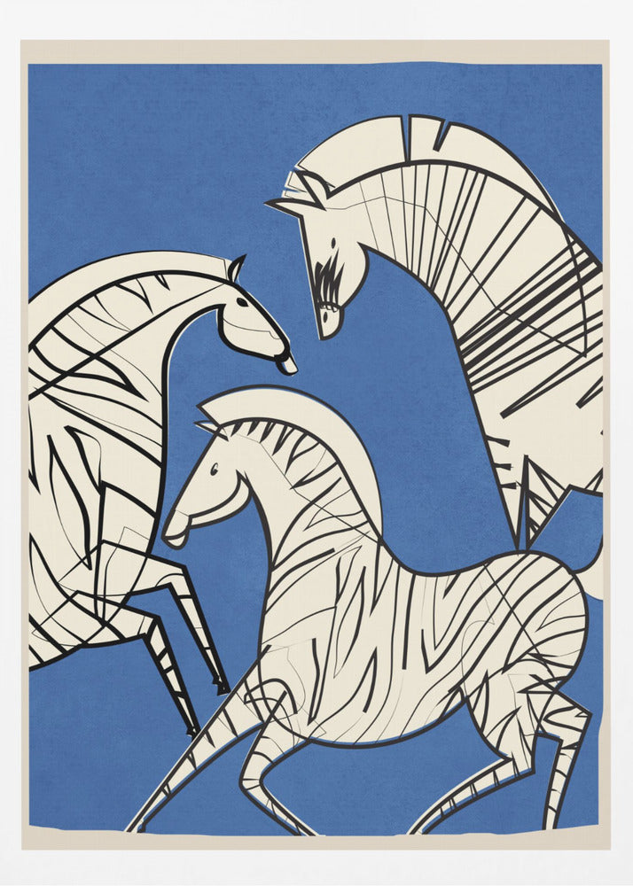 A modern, graphic illustration of three stylized zebras against a bold blue background. The zebras are off-white with thick black outlines and stripes, creating a dynamic and abstract composition. The artwork is presented within a simple black frame. Decor